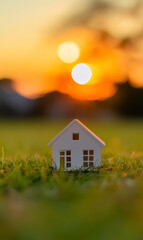 small home on grass, house and real estate ownership concept, mortgage and loan for housing