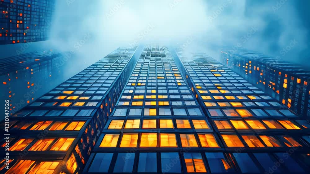 Poster low-angle view of modern skyscrapers with fog and illuminated windows