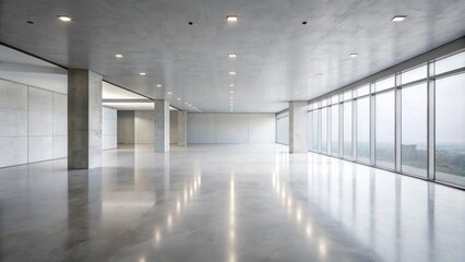 Spacious Modern Office with Floor-to-Ceiling Windows and Concrete Pillars