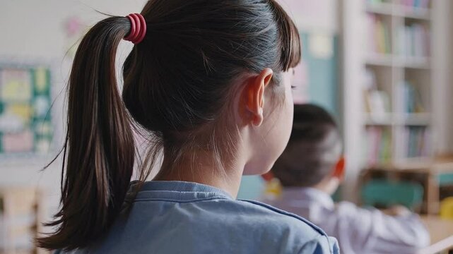 From behind close-up shot of a primary school classroom students, in the foreground an Asian girl with a ponytail. 