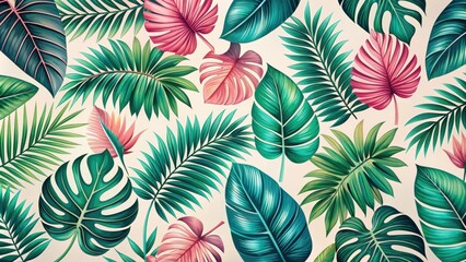 Fototapeta premium Vibrant Tropical Leaf Pattern A Lush, Exotic Botanical Illustration Featuring Diverse Foliage