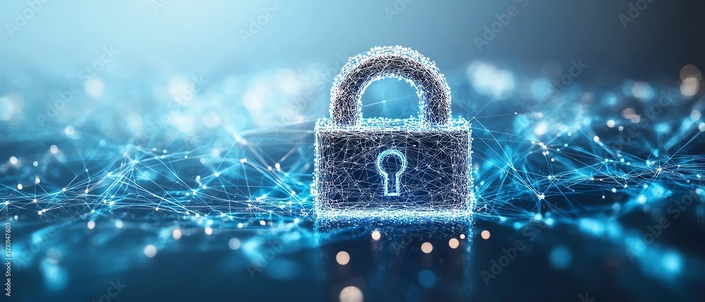 Poster abstract cybersecurity concept with a digital padlock icon, interconnected network data, and dynamic