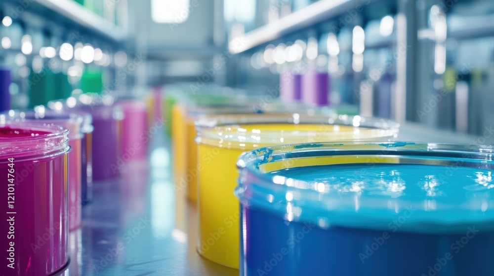 Poster colorful inks are standing in open jars on a conveyor belt, ready to be used in a printing factory, 