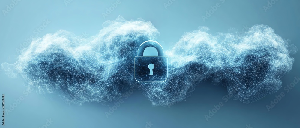 Poster abstract cybersecurity concept with a digital padlock icon, interconnected network data, and dynamic