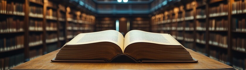 Beige book displayed on a pedestal in an ornate library, surrounded by bookshelves, evoking a sense of discovery and adventure, generative AI design