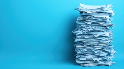 Blue background, large paper stack, documents, office, paperwork, overload, business, concept