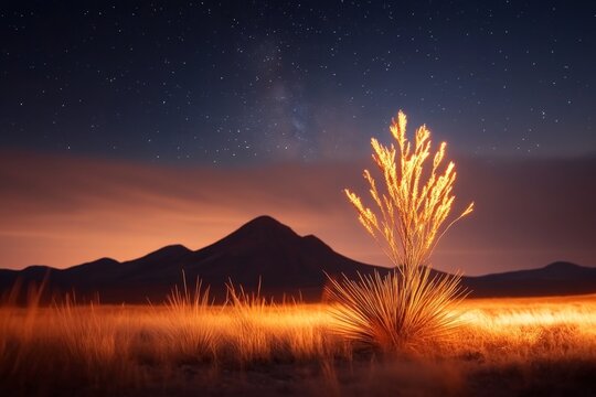 A striking yucca tree against the backdrop of a starry desert night, illuminated by soft moonlight
