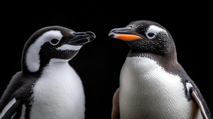 Naklejka premium Two penguins face each other against black background