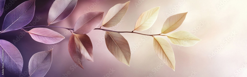 Poster soft mauve leaves with golden tips resting gracefully against a light background in a serene natural