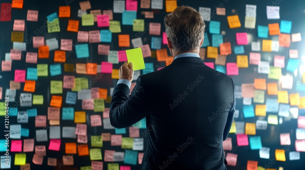 Poster man organizing colorful sticky notes on a collaboration board in a bright office setting