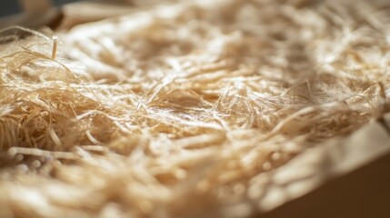 Soft wood wool filling a cardboard box, creating a protective layer for fragile items during shipping and representing a sustainable packaging solution