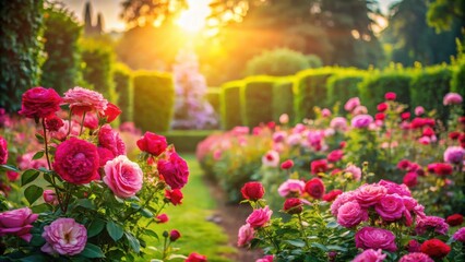 Fototapeta premium A sunlit garden path meanders through rows of vibrant pink and crimson roses, creating a breathtaking floral landscape.