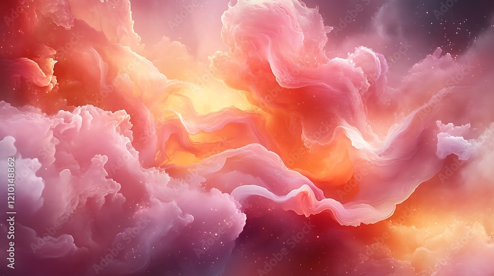 Poster celestial dreamscape: a captivating abstract painting of swirling pink and orange clouds evokes a se