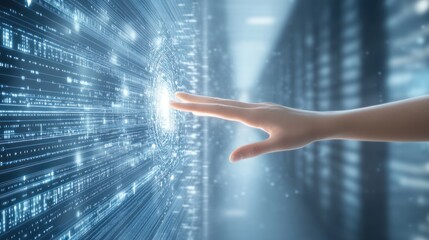 Hand touching digital data stream in server room; futuristic tech concept