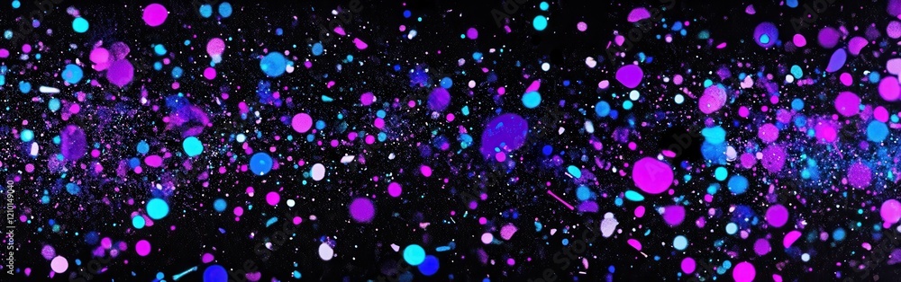 Poster scattered violet and cyan sparkles creating a vibrant visual display in a dark setting