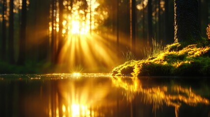 Naklejka premium Sunlight streaming through tall trees serene forest nature photography tranquil environment