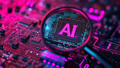 magnifying glass by dedicated AI microchip over circuit board, artificial intelligence and GPU cloud computing concept, technology and futuristic research
