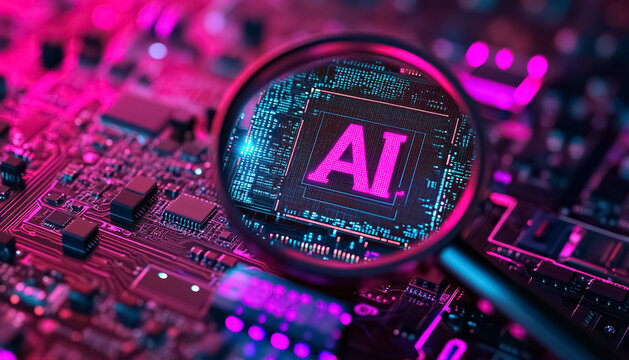 magnifying glass by dedicated AI microchip over circuit board, artificial intelligence and GPU cloud computing concept, technology and futuristic research