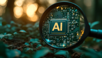magnifying glass by dedicated AI microchip over circuit board, artificial intelligence and GPU cloud computing concept, technology and futuristic research