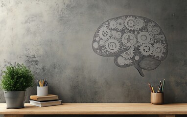 Creative brain sketch with windup gears on concrete wall, representing intelligence, strategy, and knowledge, with a mockup place for psychology and solutions