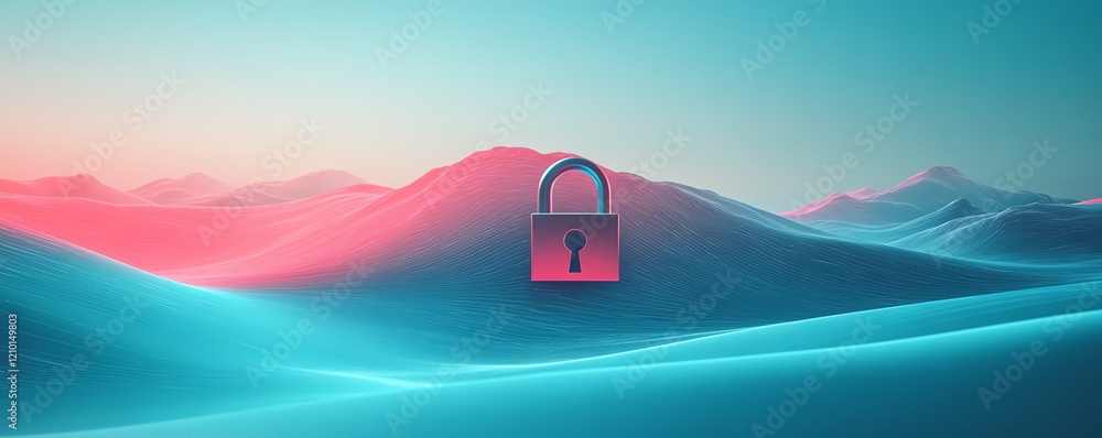 Poster cybersecurity abstract art with a sleek padlock, network data flow, and dynamic lines on a tranquil 