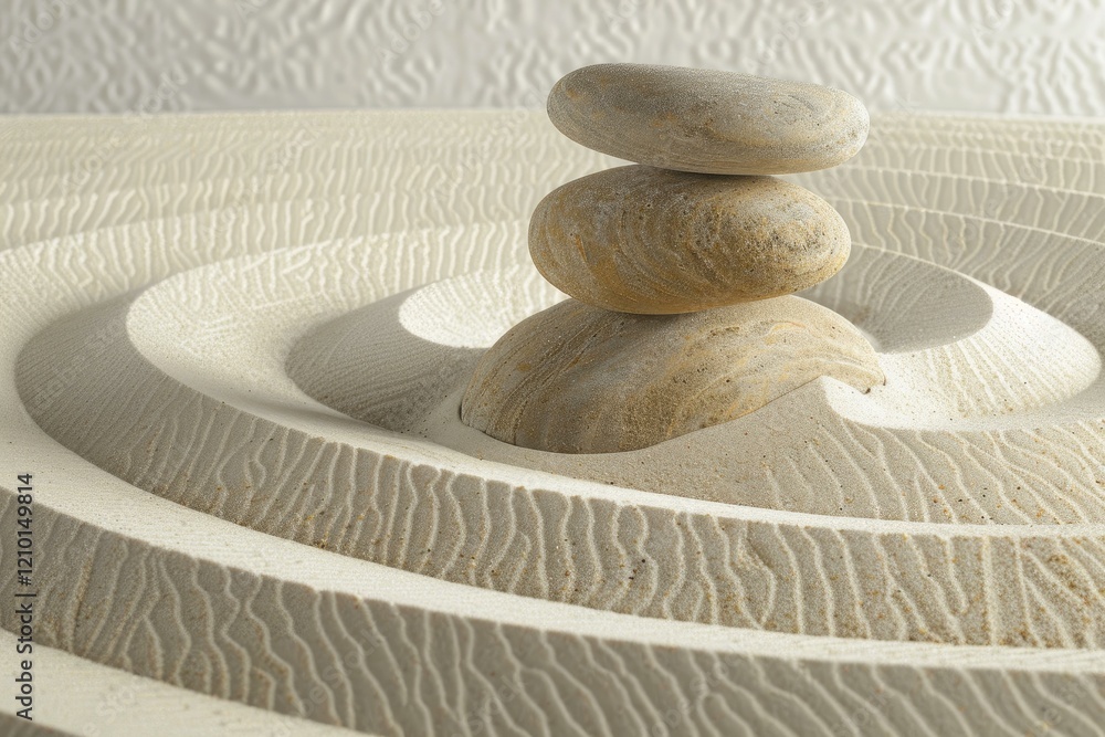 Poster three stones balancing on top of each other in a zen garden, creating a calming and meditative atmos