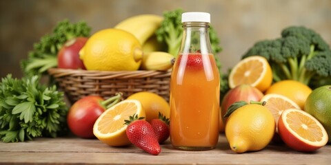 Fresh vegetables and fruit arrangement with juice bottle in outdoor setting