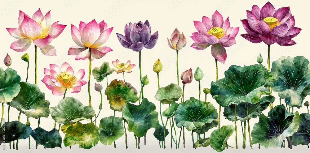 Poster colorful watercolor depiction of a lotus flower. perfect for botanical illustrations. this isolated 