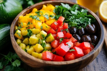 A colorful zucchini pasta bowl with roasted red peppers, kalamata olives, and a zesty vinaigrette