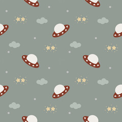 Red ufo cartoon so cute. On star cloud green background. Pattern seamless vector illustration. 