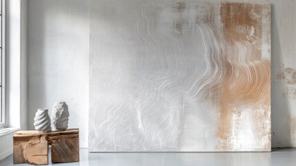 Elegant white canvas with subtle pencil strokes displayed in a serene modern interior setting