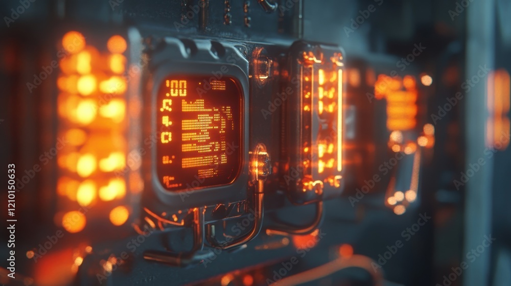 Poster complex network equipment displaying data and diagnostics on a screen with an intense orange glow, s