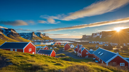stunning picturesque Kopavogur city Iceland, sunny day, houses
