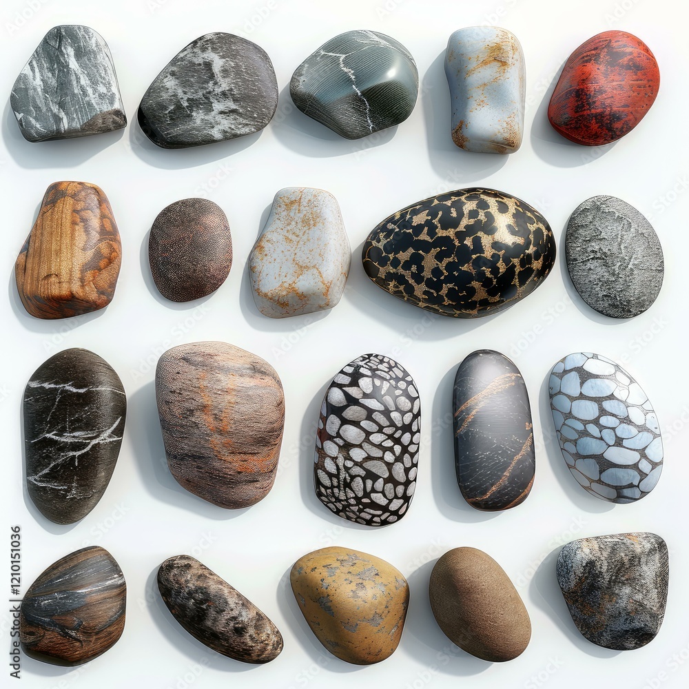 Poster twenty colorful pebbles of different sizes and textures forming a collection on a plain white backgr