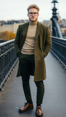 Obraz premium Man in an olive-green overcoat and beige turtleneck, standing confidently on a bridge