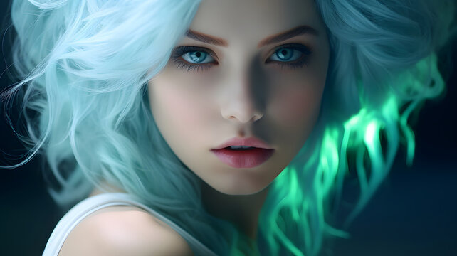 "Digital Artwork of a Woman with Blue Hair"