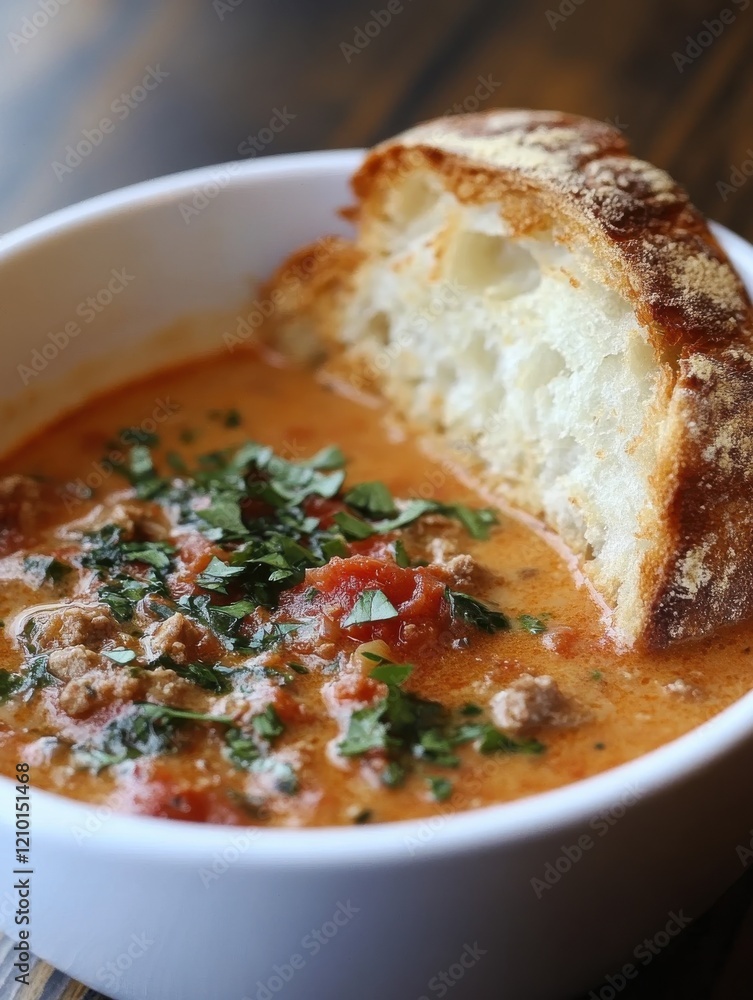 Poster creamy tomato bisque served with crusty bread in a rustic setting