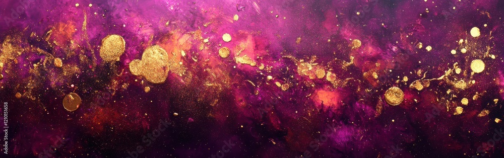 Poster Vibrant fuchsia and golden sparkles create a mesmerizing cosmic landscape at dusk