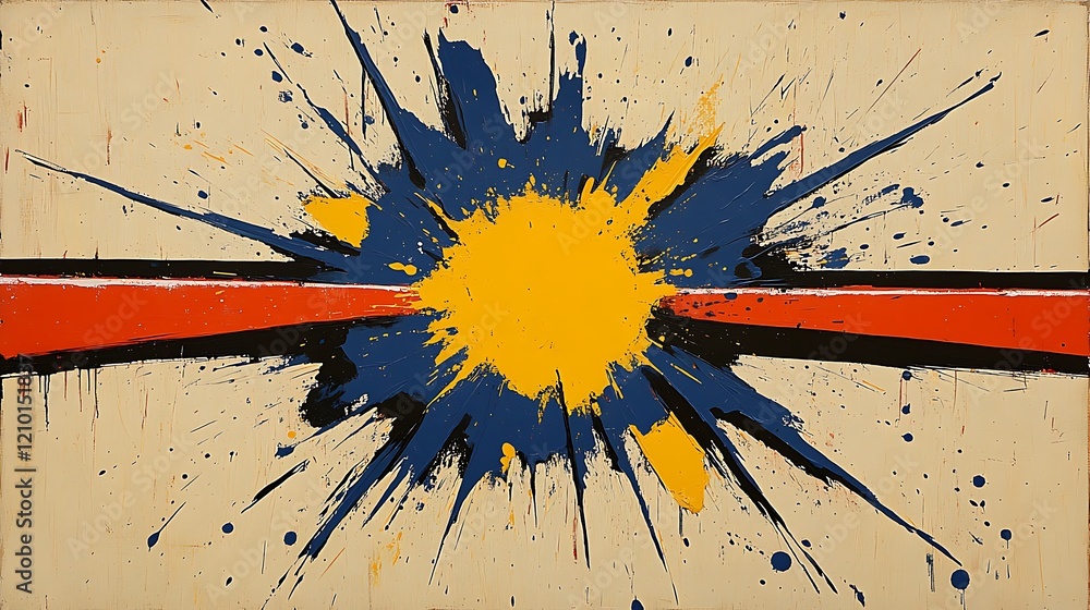 Poster abstract explosion: a dynamic abstract painting featuring a vibrant yellow sun-like burst exploding 