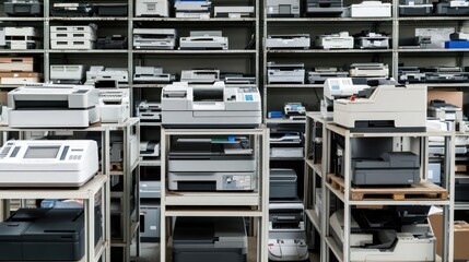 Warehouse, office equipment, recycling, storage, many printers, scanners, copiers, background, inventory