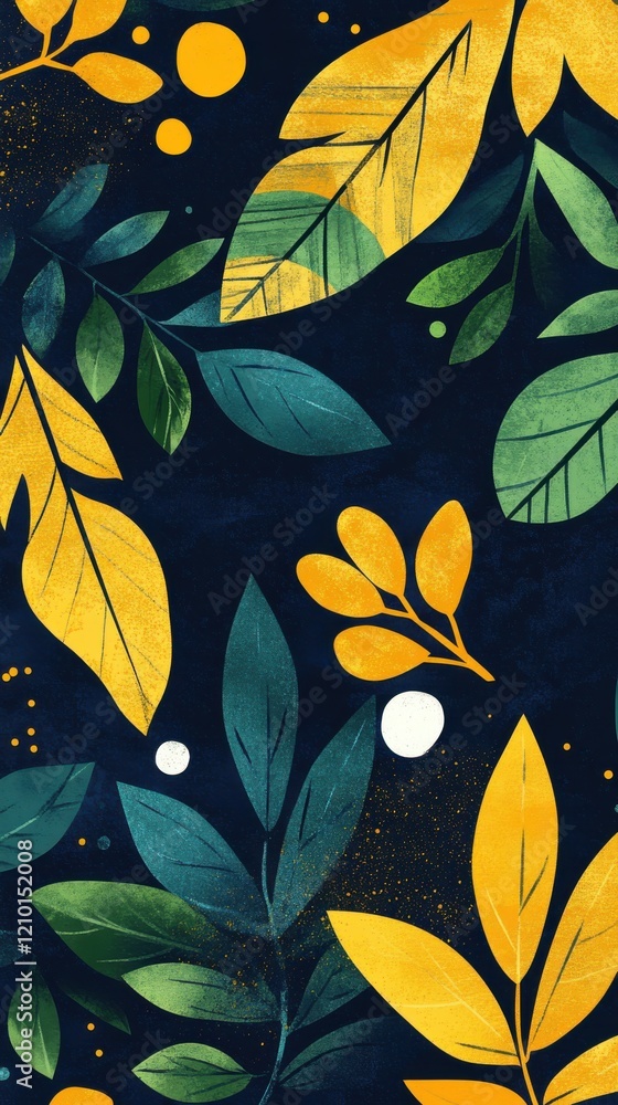 Poster spring design featuring vibrant navy blue and gold foliage patterns with rich variations and natural