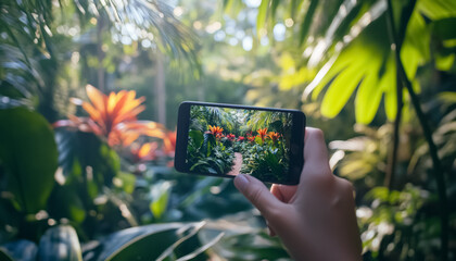 pov of person holding mobile phone in hand and take photo of beautiful tropical botanical garden or exotic jungle forest, nature photography with smartphone digital camera