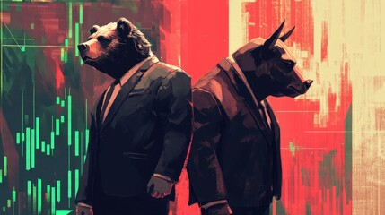 Financial Battle of Bull and Bear - Stock Market Dynamics Personified in Suits with Market Graphs Background
