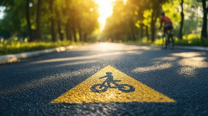 Lone cyclist biking on sunlit forest road with bike lane marking