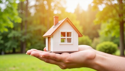 Hand holding small house in garden, symbolizing protection and nurturing