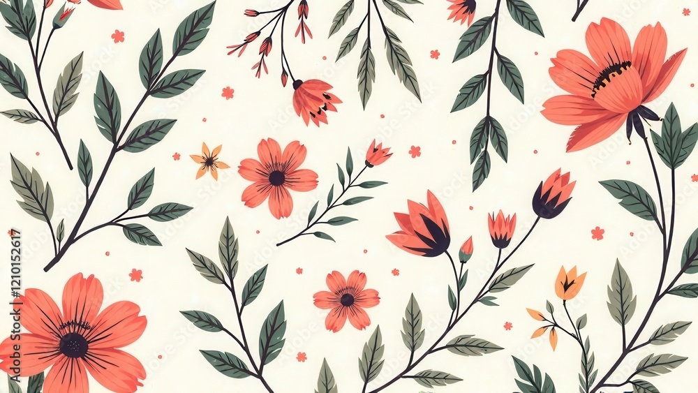 Poster delicate flowers and leaves in an array of colors create a vibrant floral pattern against a soft lig