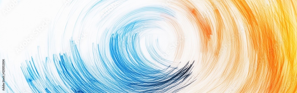 Poster Abstract pencil strokes create a vibrant gradient blending circular shapes in blue and orange tones