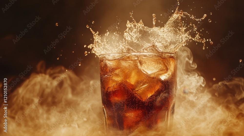 Poster refreshing summer vibes - glass of cola with ice splashing dramatically on cool smoky background