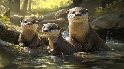 Obraz premium A family of otters playing in a river, their natural habitat offering plenty of food and shelter.