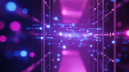 Obraz premium Big data, information architecture isometric technology concept vector. Information flow through luminous circle, data traffic analysis, server room with neon blue connections, purple landing web page